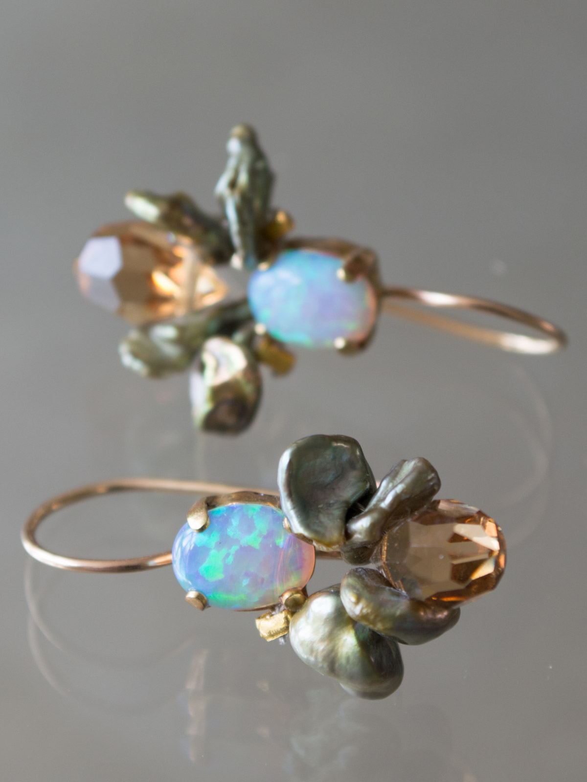 earrings Bee opal, dark pearls, citrine
